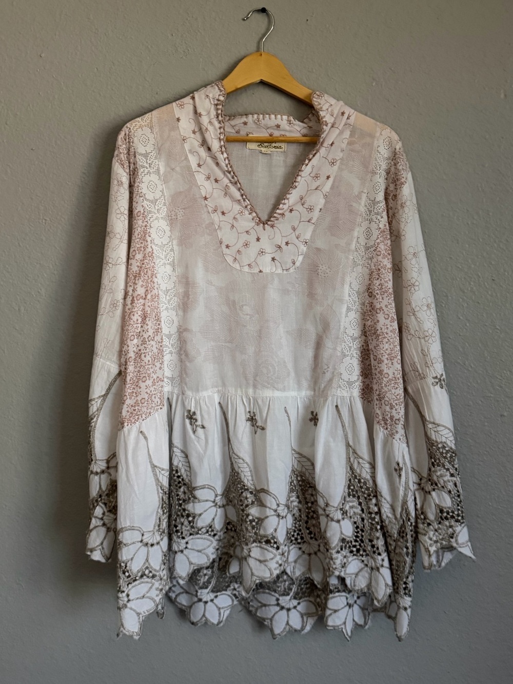 Artica Sartoria 100% Cotton Embroidered Boho Tunic Blouse Size M